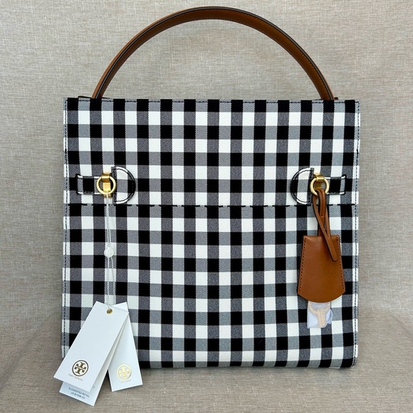 NWT Tory Burch Lee Radziwill Double Bag – Black/Ivory Gingham Canvas Satchel - Picture 8 of 15